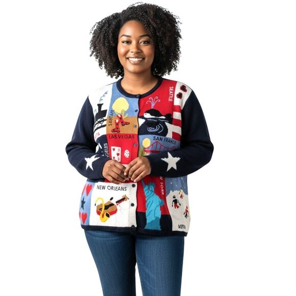 NEW VTG Quacker Factory Travel Sweater USA Patriotic 1X Blue Red Button Covers - Picture 1 of 11